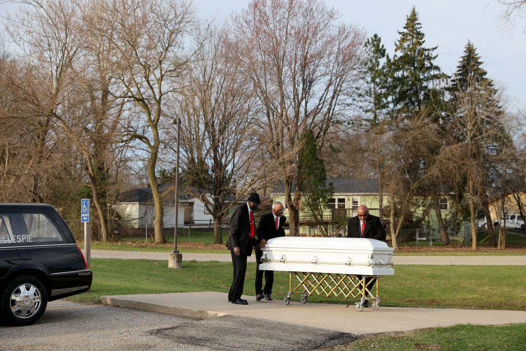 The remains of Patrick Lyoya arrive at Renaissance Church of God in Christ for his funeral service on April 22, 2022 in Grand Rapids, Mich. (Scott Olson—Getty Image)