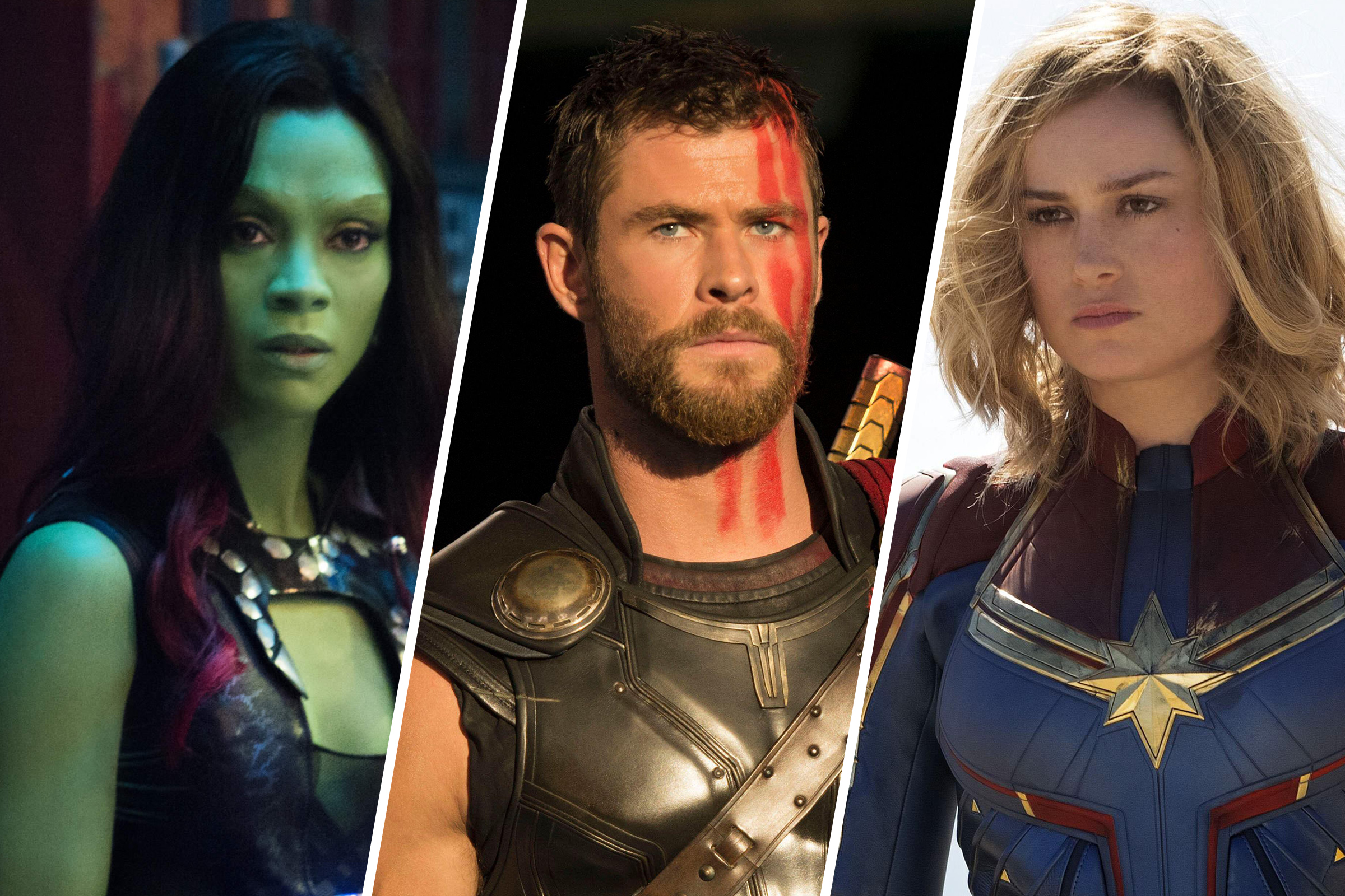 Zoe Saldana as Gamora, Chris Hemsworth as Thor, and Brie Larson as Carol Danvers star in Phase 4 of the Marvel Cinematic Universe. (Alamy (3))