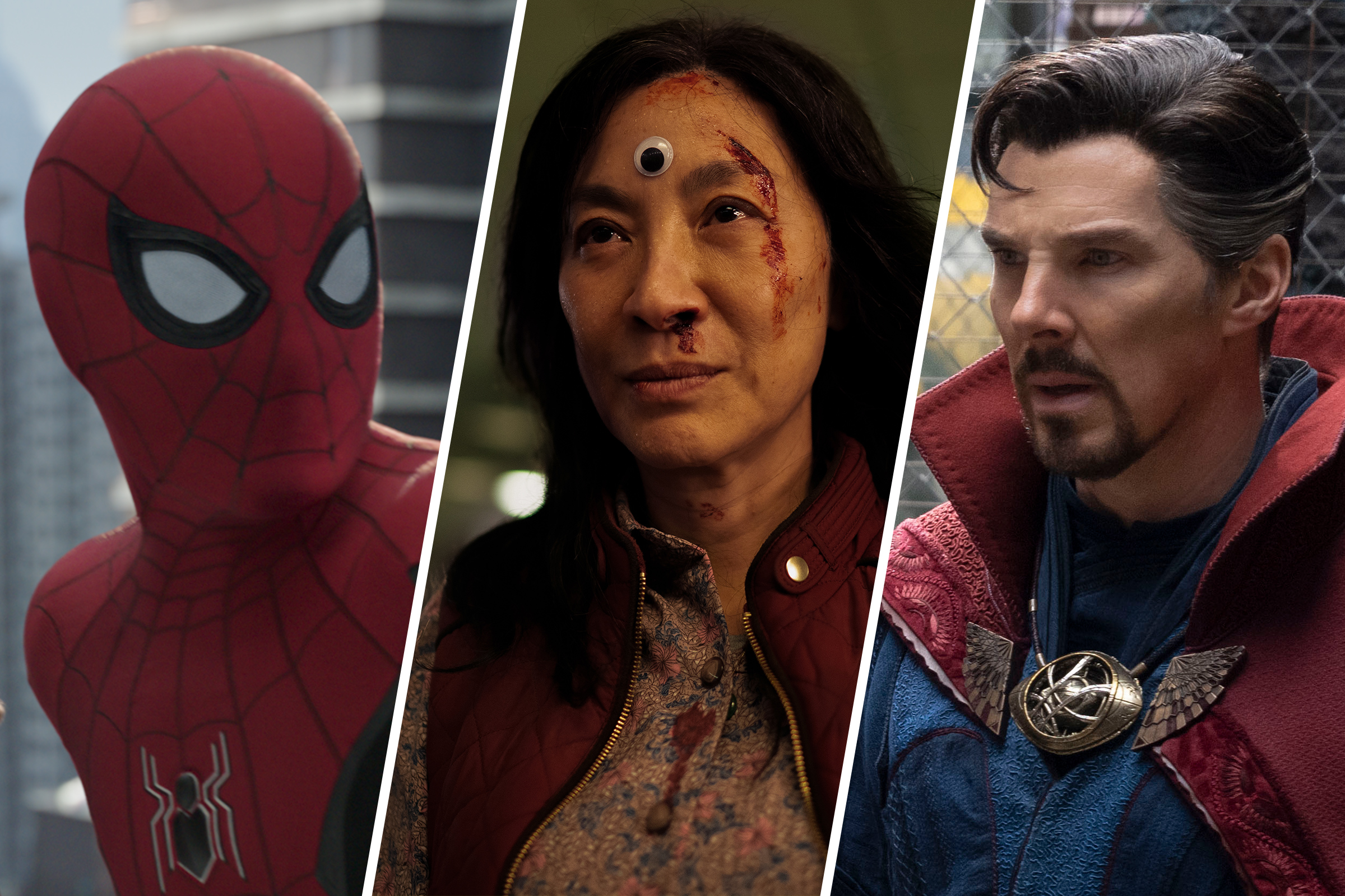 Tom Holland as Spider-Man, Michelle Yeoh as Evelyn Quan Wang, and Benedict Cumberbatch as Doctor Strange. (Spider Man: Sony Pictures; Everything Everywhere All at Once: A24; Doctor Strange: Marvel Studios)