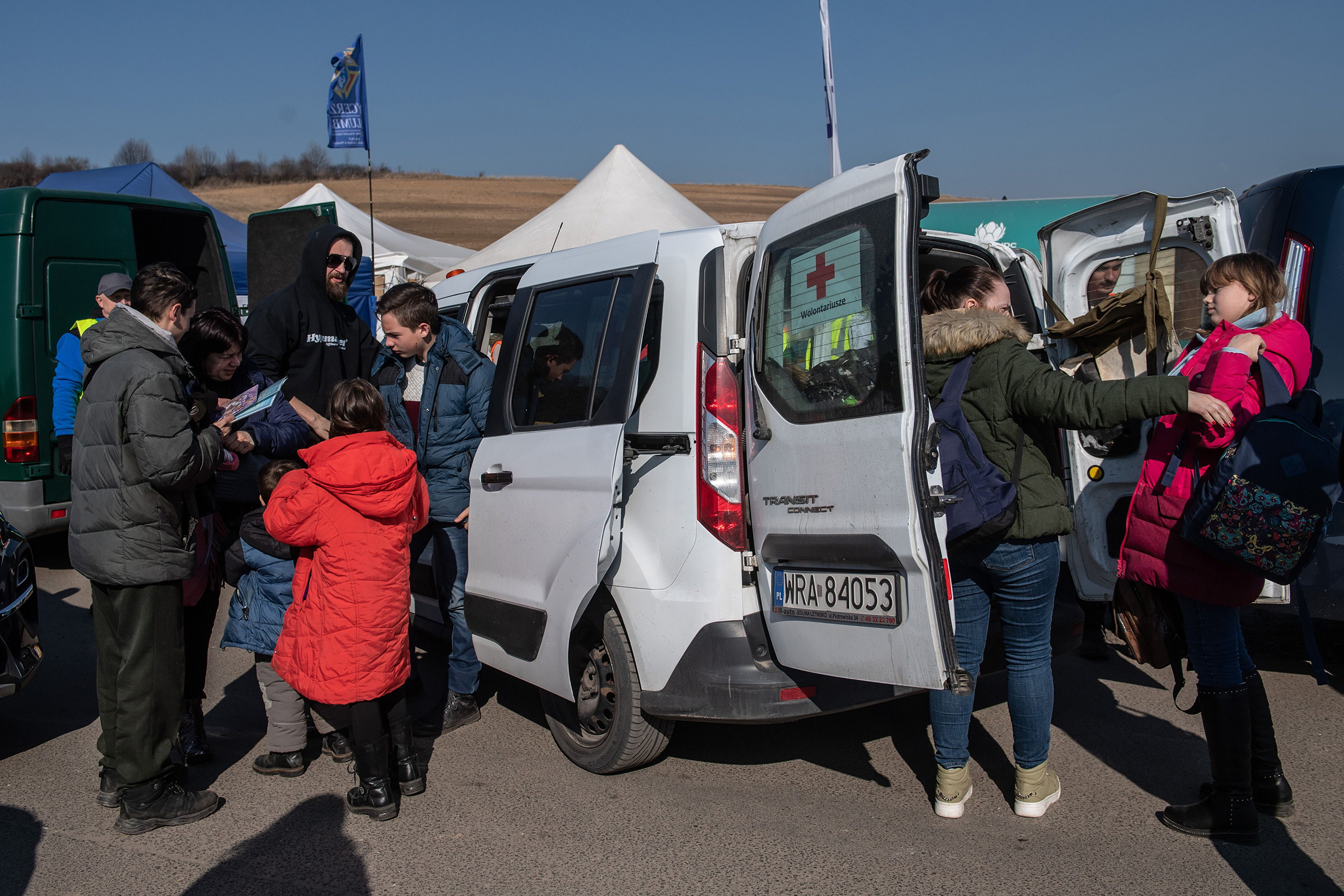 Ukrainian refugees at the Polish-Ukrainian border crossing in Hrebenne, Poland March 14. (Wojtek Jargilo—EPA-EFE/Shutterstock)