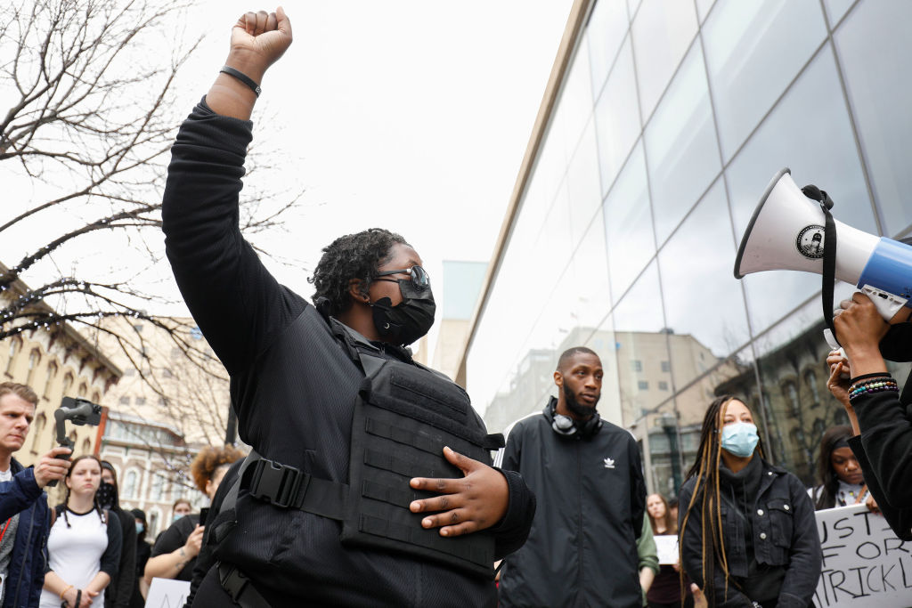 Protesters demonstrate against the April 4 police shooting of Patrick Lyoya, on April 13, 2022 in Grand Rapids, Mich. (Bill Pugliano—Getty Images)