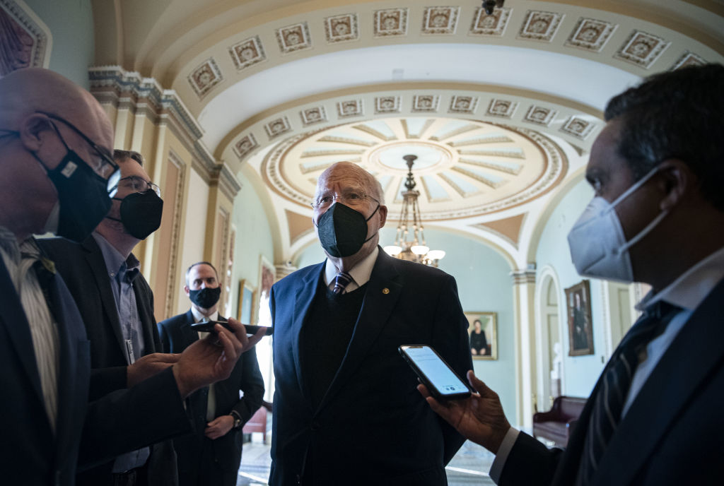 Senator Patrick Leahy, a Democrat from Vermont, speaks to members of the media in the U.S. Capitol in Washington, D.C., U.S., on Monday, Jan 31, 2022 (Al Drago/Bloomberg via Getty Images)