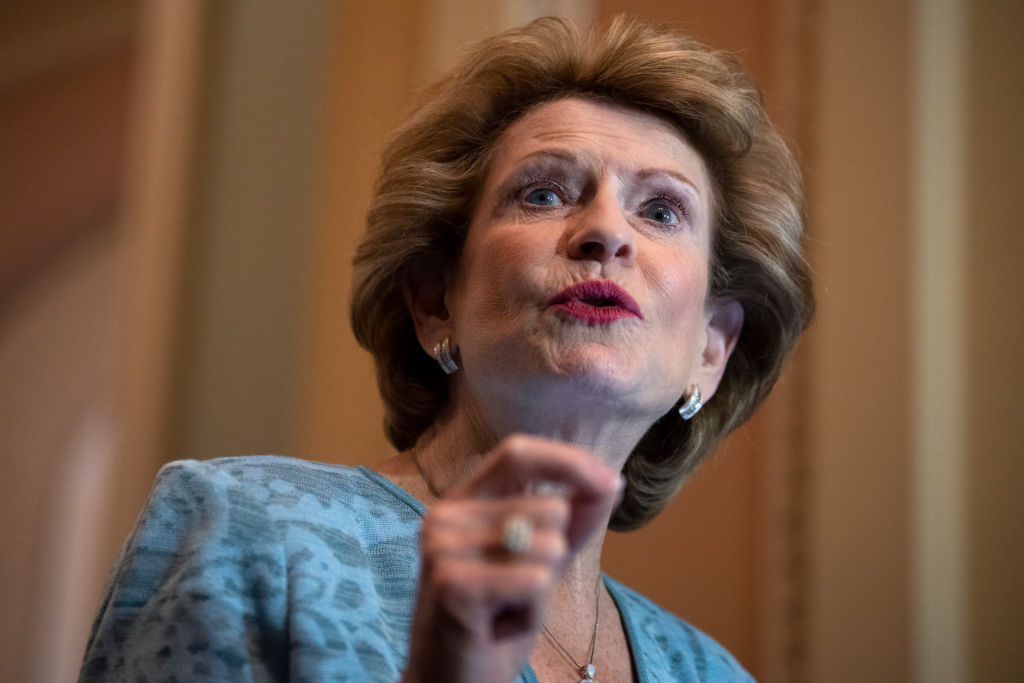 Sen. Debbie Stabenow, D-Mich., conducts a news conference after the senate luncheons in the U.S. Capitol on Tuesday, April 5, 2022. (Tom Williams/CQ-Roll Call, Inc via Getty Images)