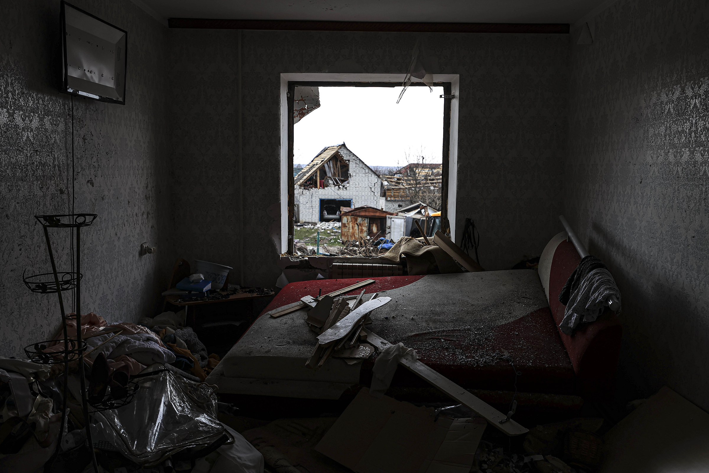 The interior of a damaged house in the Borodyanka region of Kyiv, April 8 (Metin Aktas—Anadolu Agency/Getty Images)