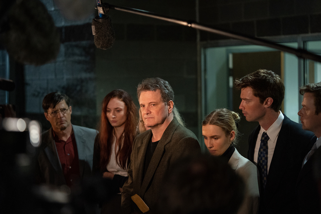 From left: Tim Guinee, Sophie Turner, Colin Firth, Olivia DeJonge, Patrick Schwarzenegger in 'The Staircase' (HBO Max)