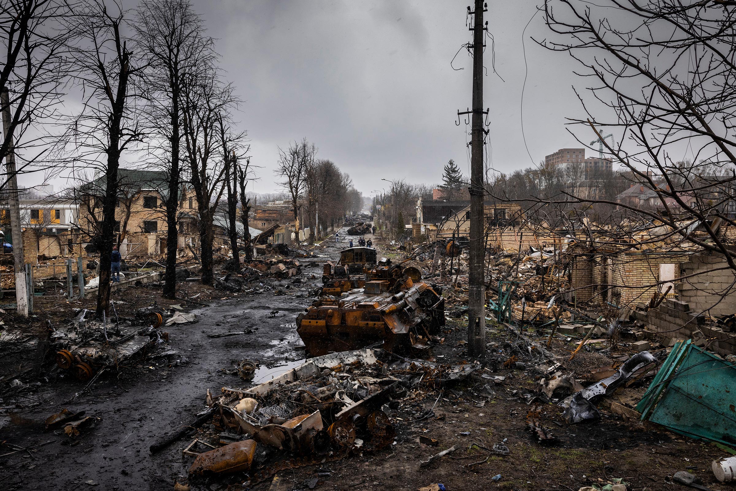 Destruction in Bucha, Ukraine, on April 3, 2022. (Ivor Prickett—The New York Times/Redux)