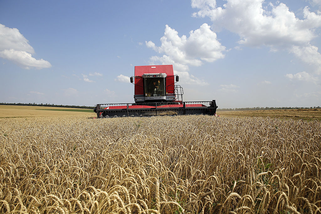 A combine harvester drives across a wheat field during a harvest in Nikolaev, Ukraine, on Monday, July 8, 2013. (Vincent Mundy—Bloomberg/Getty Images)