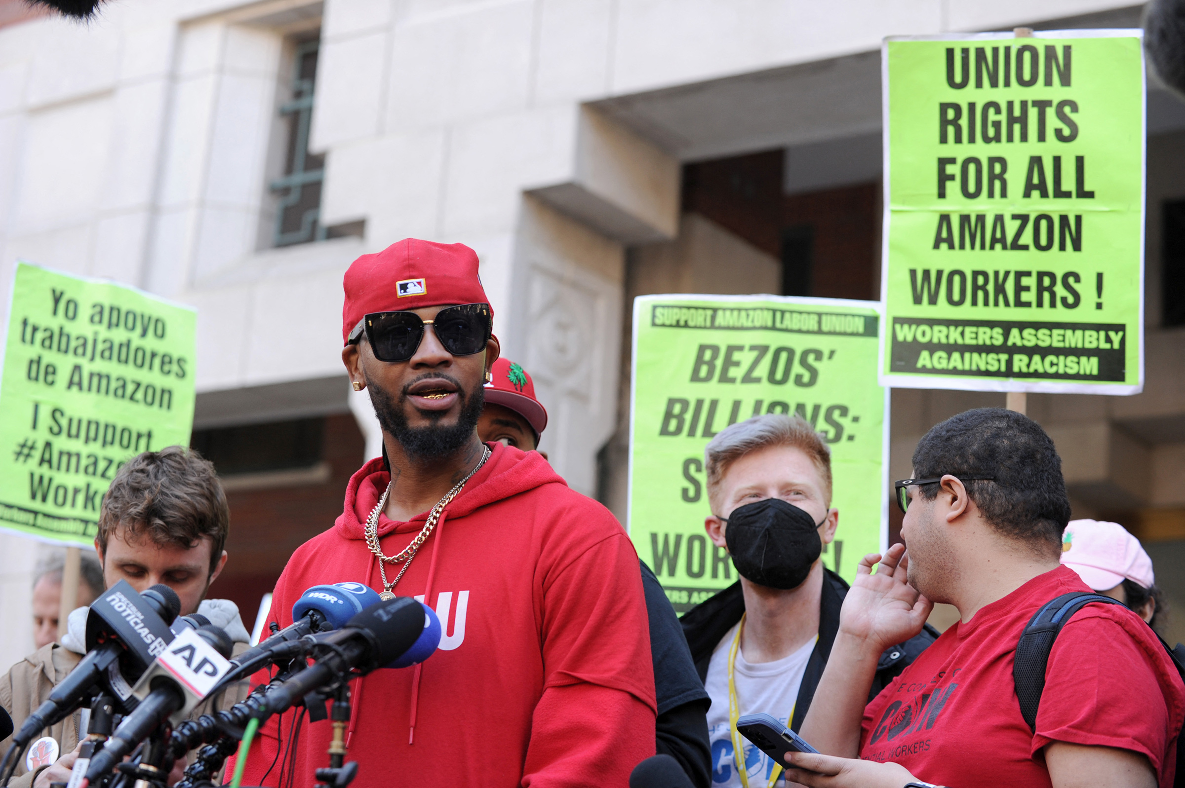 Union organizer Christian Smalls speaks following the April 1, 2022, vote for the unionization of the Amazon Staten Island warehouse in New York (Andrea Renault—AFP/Getty Images)