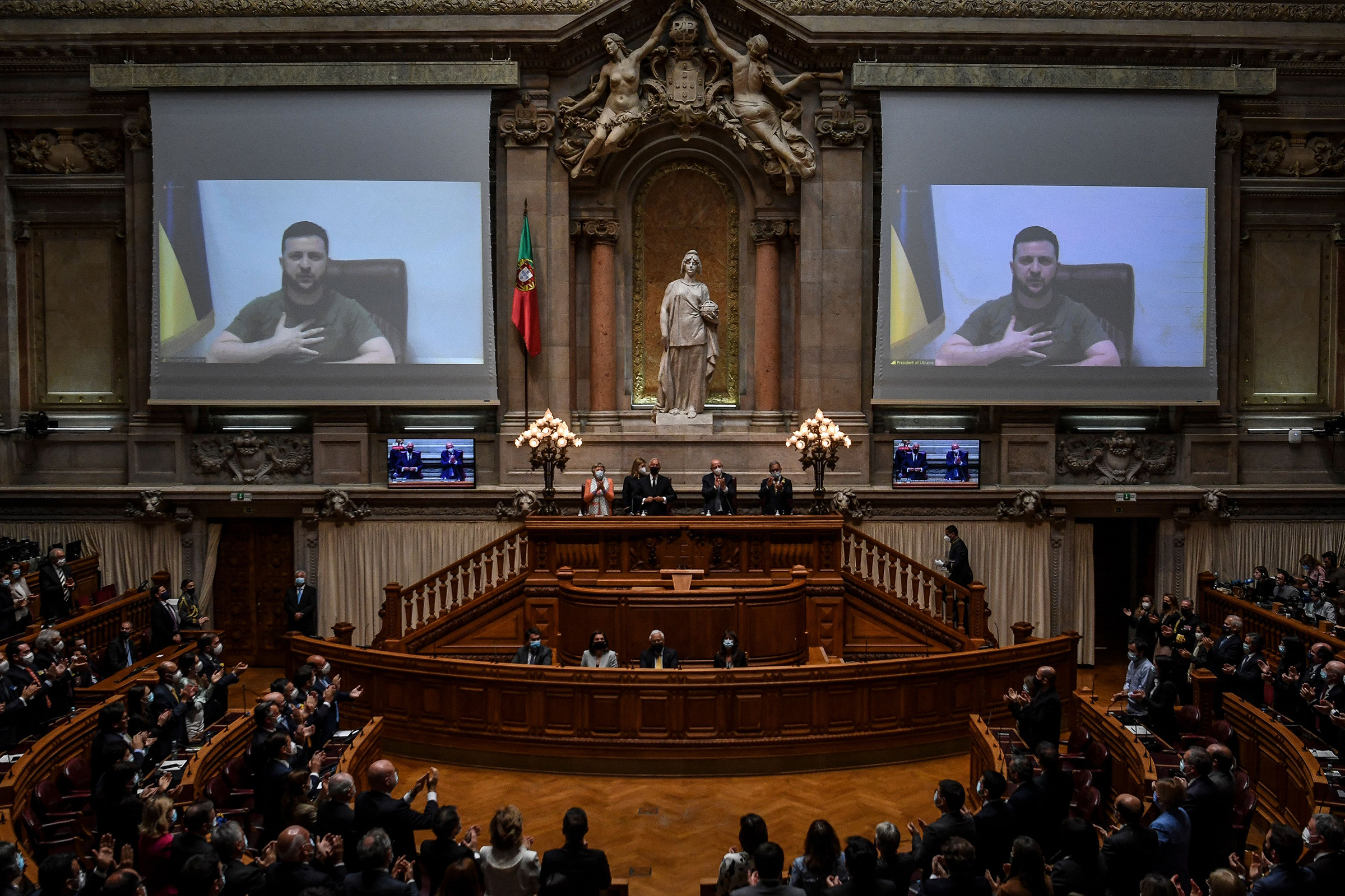 Zelensky addressing the Portuguese parliament via videoconference on April 21 (Patricia De Melo Moreira—AFP/Getty Images)