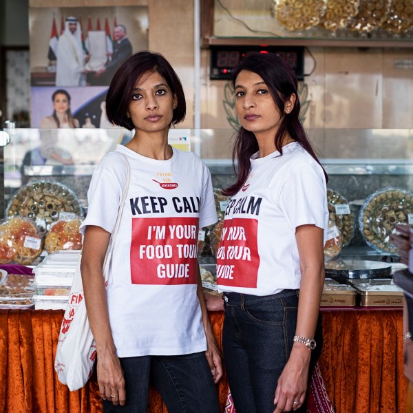 Arva and Farida Ahmed, of Frying Pan Adventures inside Qwaider Al Nabulsi Sweets in the Deira neighborhood of Dubai, March 19, 2022.