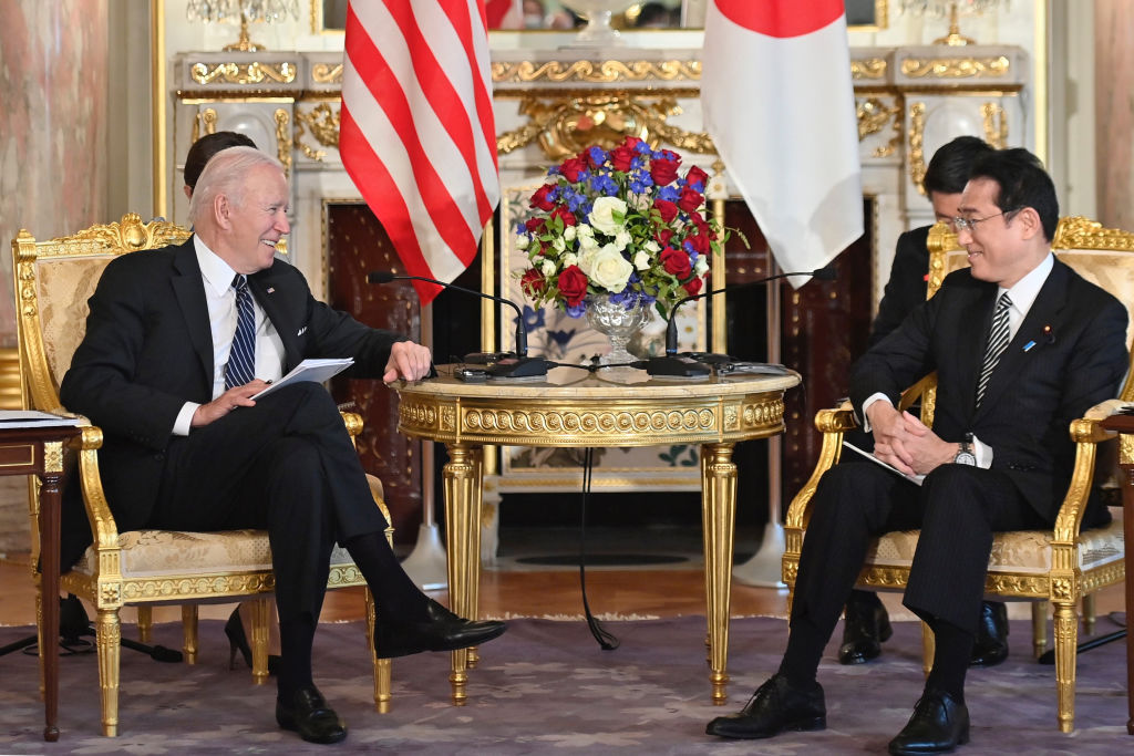 US President Joe Biden and Japan's Prime Minister Fumio Kishida at a summit meeting at the Akasaka Palace in Tokyo, Japan, on May 23, during his first trip to Asia as US president. (David Mareuil—Anadolu/Bloomberg/Getty Images)
