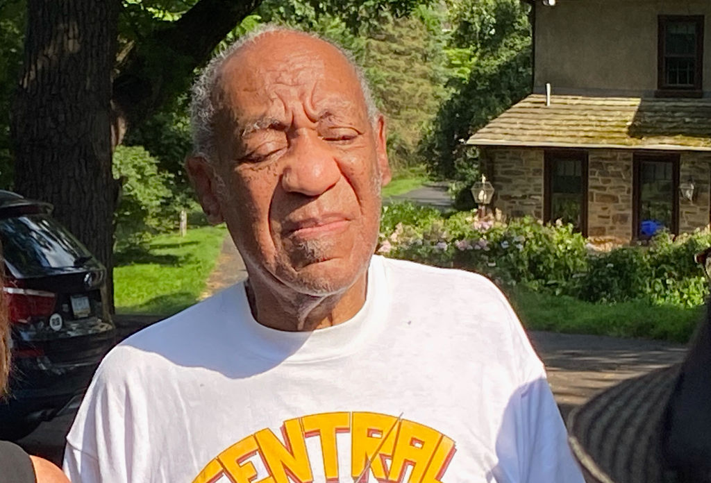 Bill Cosby speaks to reporters outside his home on June 30, 2021, in Cheltenham, Pa. Bill Cosby was released from prison after court overturns his sex assault conviction. (Michael Abbott—Getty Images)