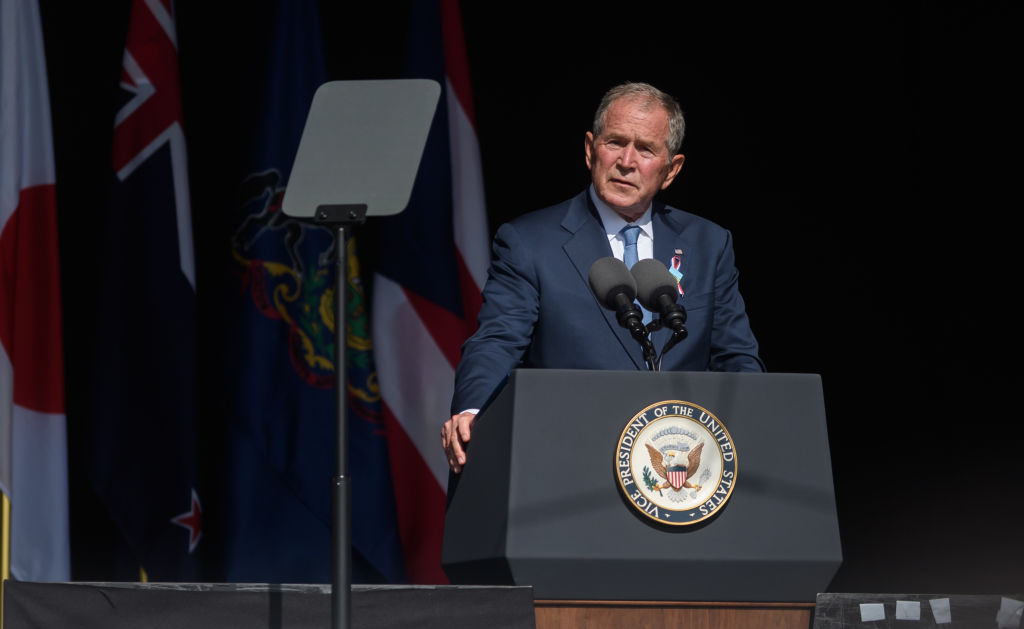 Former President George W Bush speaks at the 20th Anniversary remembrance of the Sept. 11, 2001 terrorist attacks at the Flight 93 National Memorial on Sept. 11, 2021 in Shanksville, Penn. (Jeff Swensen–Getty Images)