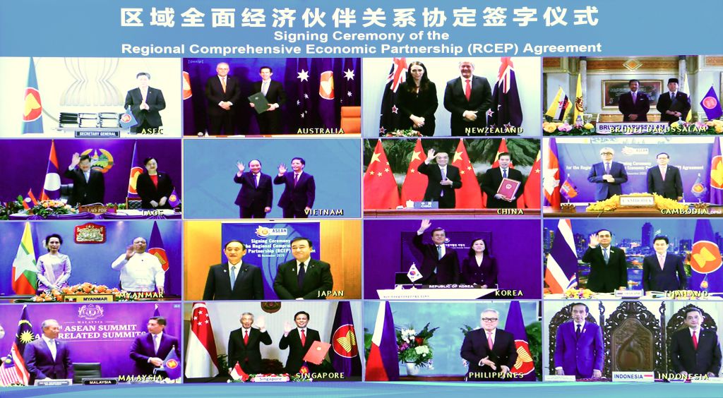 Chinese Premier Li Keqiang and leaders of other countries attend the signing ceremony of the Regional Comprehensive Economic Partnership (RCEP) agreement via video link, Nov. 15, 2020. (Xinhua/Zhang Ling via Getty Images)