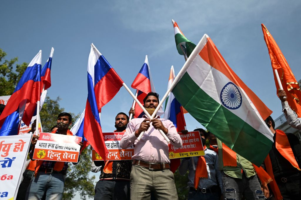 Supporters and activists of Hindu Sena, a right-wing Hindu group, take part in a march in support of Russia during the ongoing Russia-West tensions on Ukraine, in New Delhi on March 6, 2022. (Photo by Sajjad HUSSAIN / AFP) (Photo by SAJJAD HUSSAIN/AFP via Getty Images) (AFP via Getty Images)