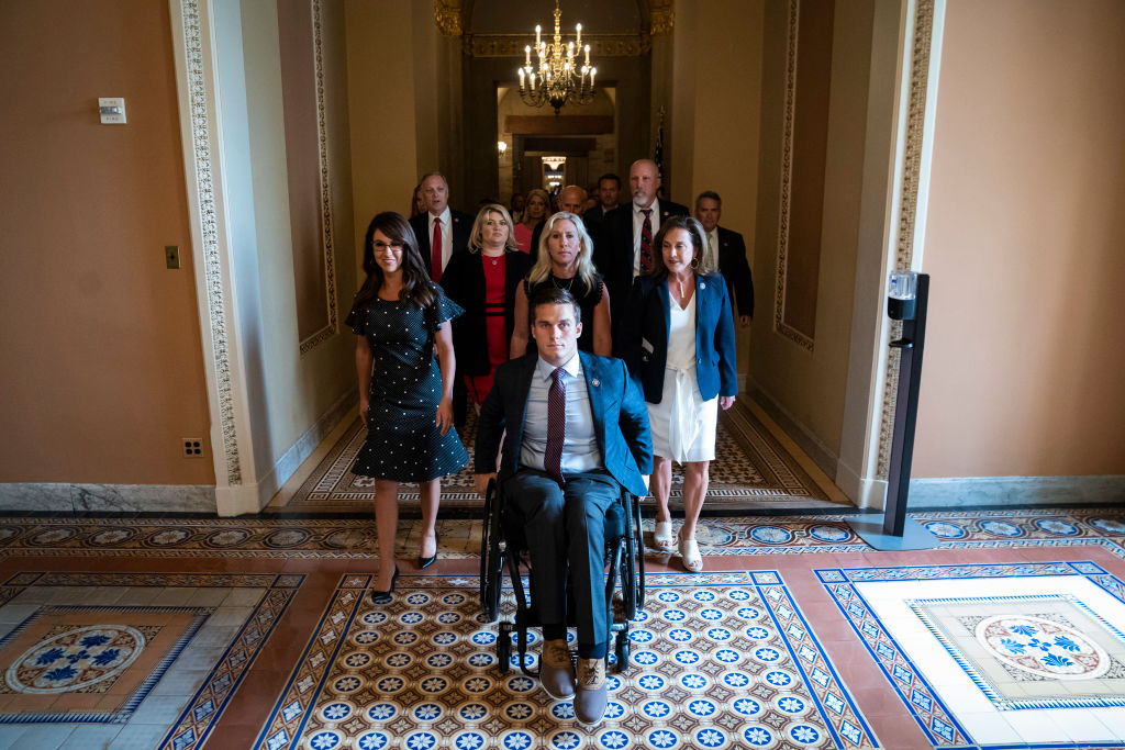 Rep. Madison Cawthorn, R-N.C., Rep. Matt Gaetz, R-Fla., R-Texas, Rep. Marjorie Taylor Greene, and others in the Capitol building on Thursday, July 29, 2021 in Washington, DC. (Photo by Jabin Botsford/The Washington Post via Getty Images)