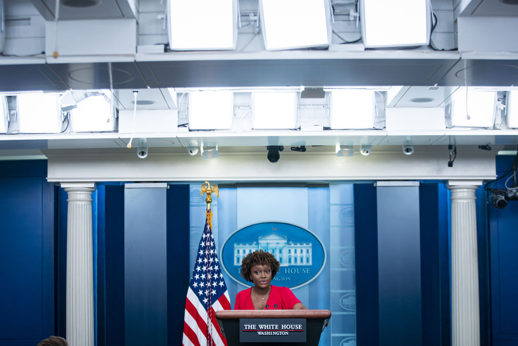 Karine Jean-Pierre, White House press secretary, speaks during a news conference in the James S. Brady Press Briefing Room at the White House in Washington, D.C., US, on Monday, May 16, 2022. (Al Drago/Bloomberg via Getty Images)