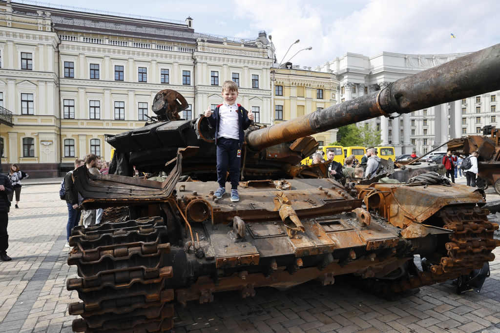 Destroyed Russian tanks and military equipment on display for public at Mykhailivska Square in Kyiv, Ukraine on May 23, 2022 as Russian-Ukrainian conflict continues. (Dogukan Keskinkilic—Anadolu Agency/Getty Images)