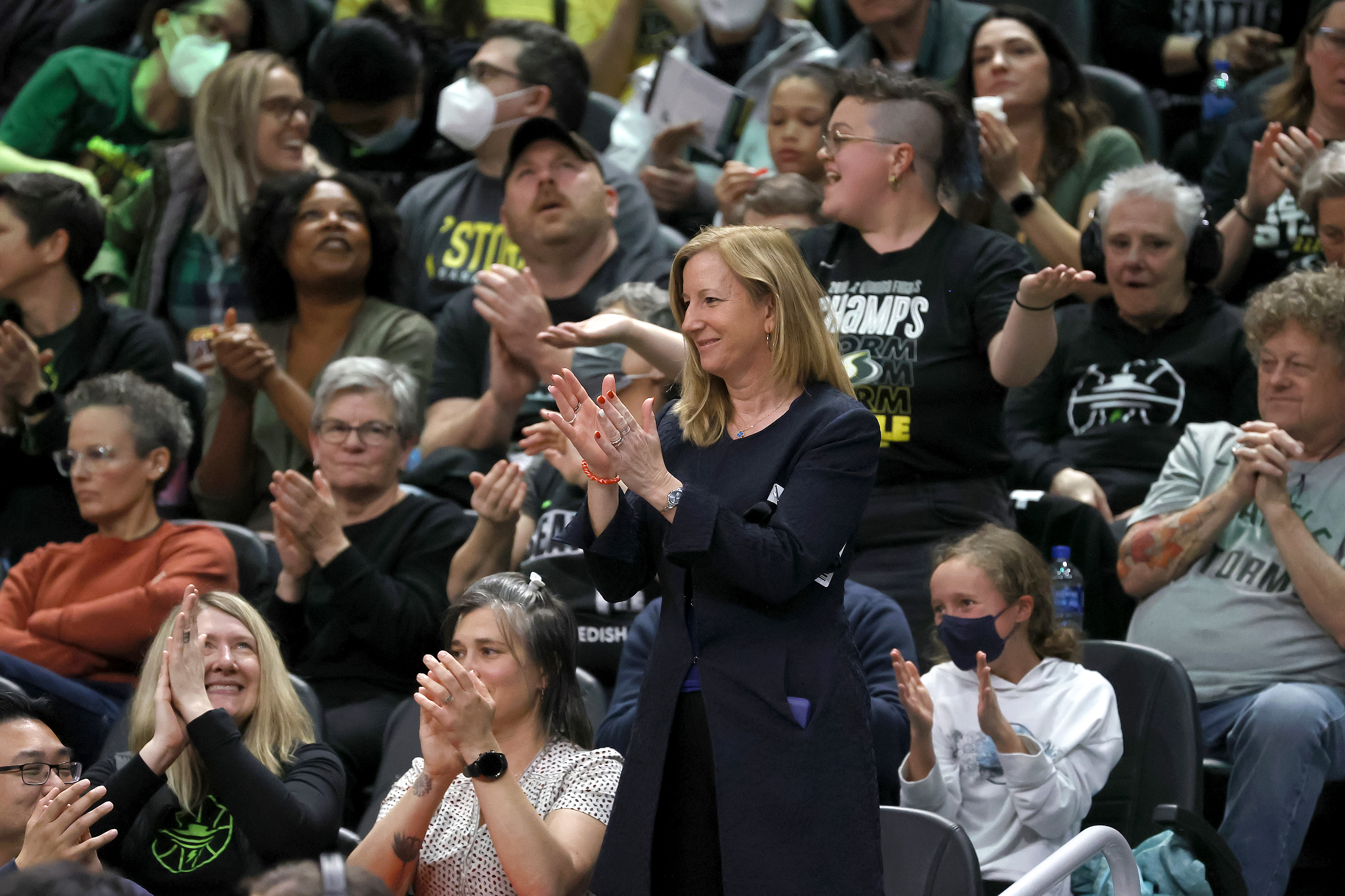 WNBA commissioner Cathy Engelbert is announced during the game between the Seattle Storm and the Minnesota Lynx at Climate Pledge Arena on May 06, 2022 in Seattle, Washington. (Steph Chambers/Getty Images)