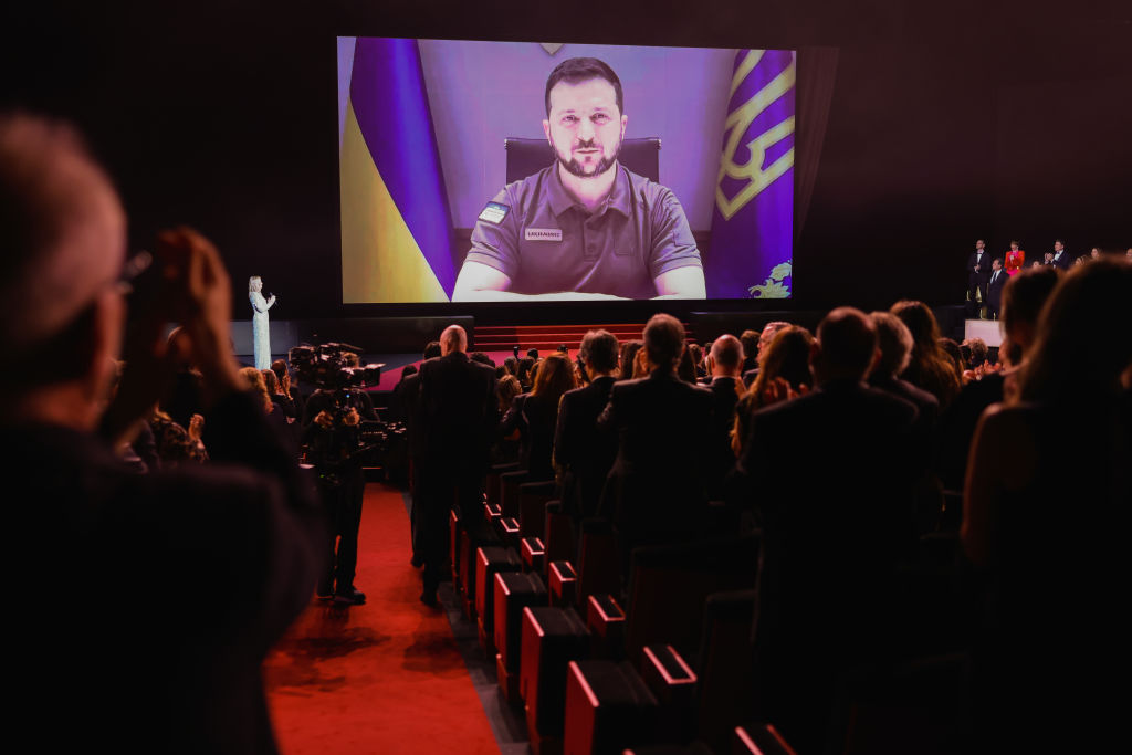 President of Ukraine Volodymyr Zelenskyy speaks in a live link-up video during the opening ceremony for the 75th annual Cannes Film Festival (Andreas Rentz/Getty Images)