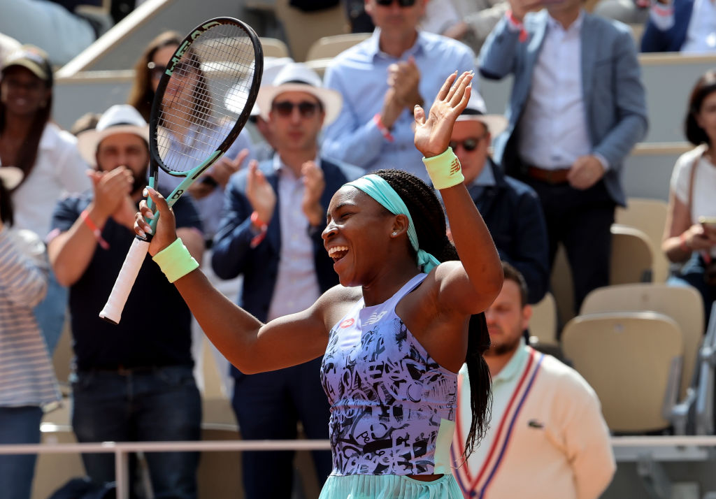 Coco Gauff of the USA celebrates her victory during day 10 of the French Open 2022 at Stade Roland-Garros on May 31, 2022 in Paris, France. (John Berry/Getty Images)
