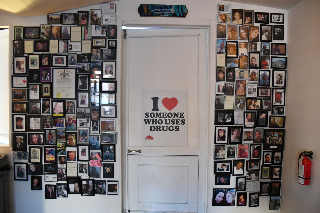 A memorial of containing photos of people who died of overdose deaths in Colorado at Harm Reduction Action Center in Denver, Colorado on March 2, 2021. (Hyoung Chang/MediaNews Group/The Denver Post via Getty Images)