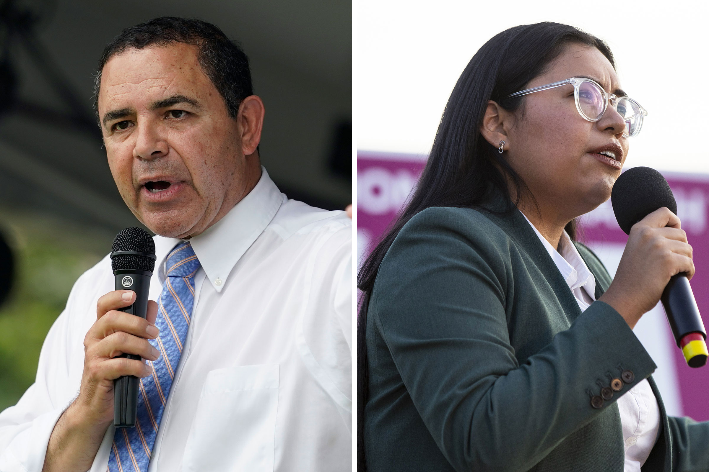 Rep. Henry Cuellar speaks during a campaign event in San Antonio, on May 4, 2022; Jessica Cisneros, Democratic Representative candidate for Texas, speaks during an early vote kickoff event in San Antonio, on Feb. 22, 2022. (Eric Gay—AP; Matthew Busch—Bloomberg/Getty Images)