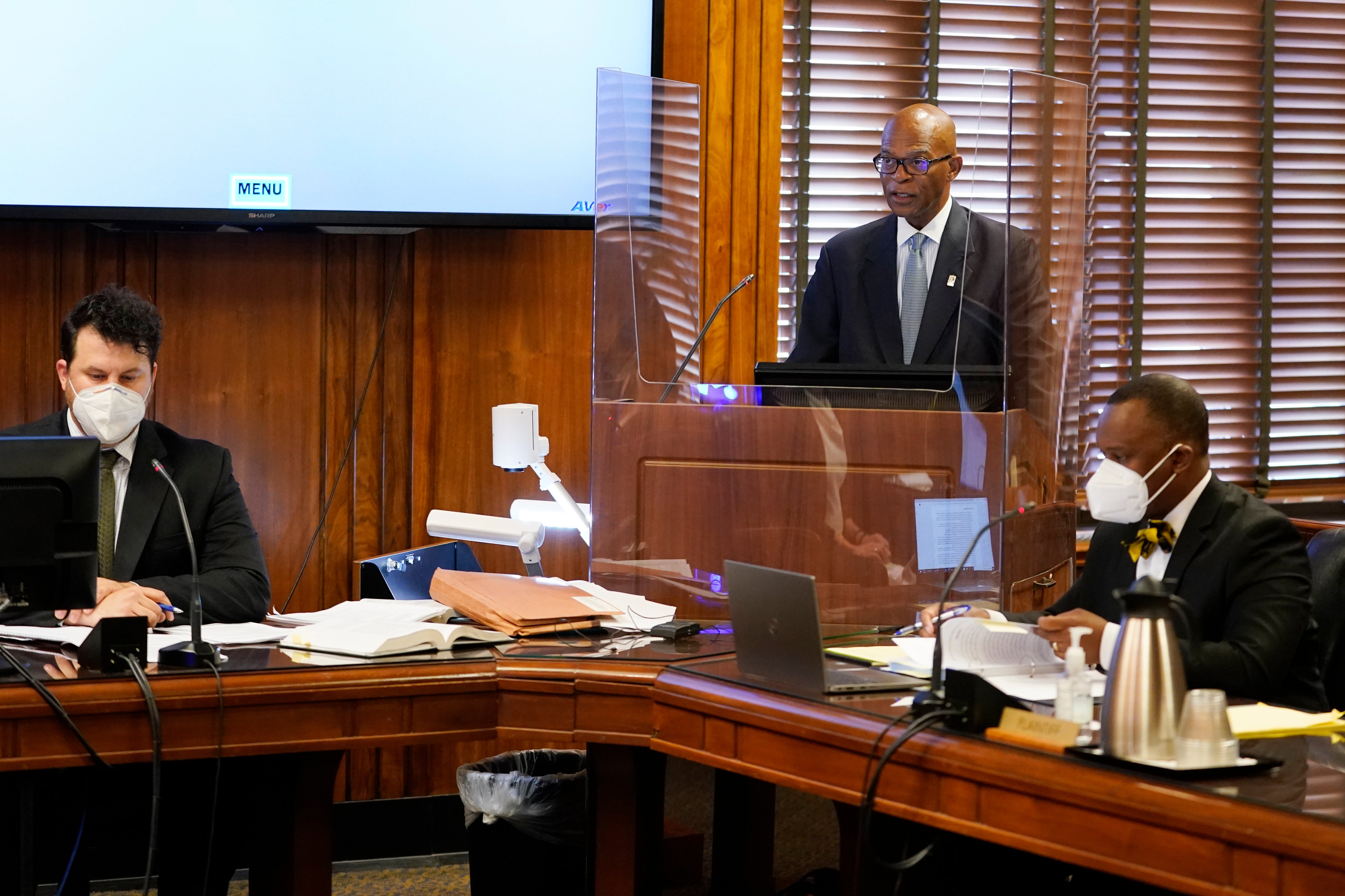 Attorney Terry Clayton, center, speaks during a hearing in Davidson County Chancery Court on April 6, 2022, in Nashville. Clayton is representing town leaders of Mason, Tenn., a small town facing a takeover of its finances by the state comptroller. (Mark Humphrey—AP)