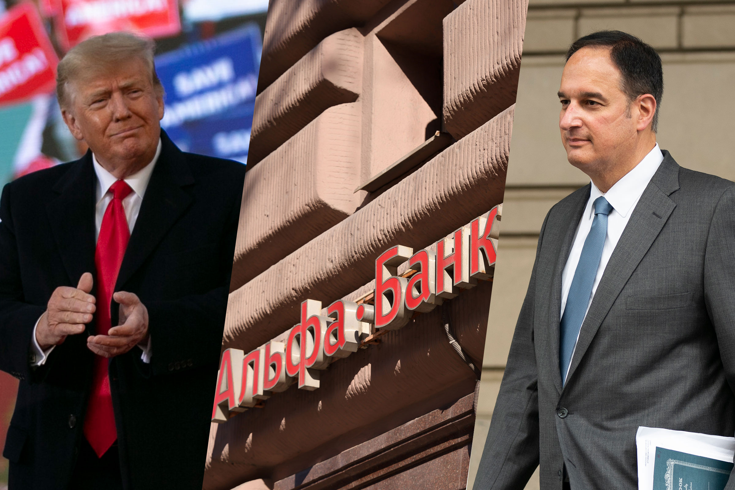 Former President Donald Trump on April 9; A sign outside a branch of Alfa Bank in Moscow on Feb. 28; Michael Sussmann on May 16 (Allison Joyce—Getty Images; Andrey Rudakov—Bloomberg/Getty Images; Manuel Balce Ceneta—AP)