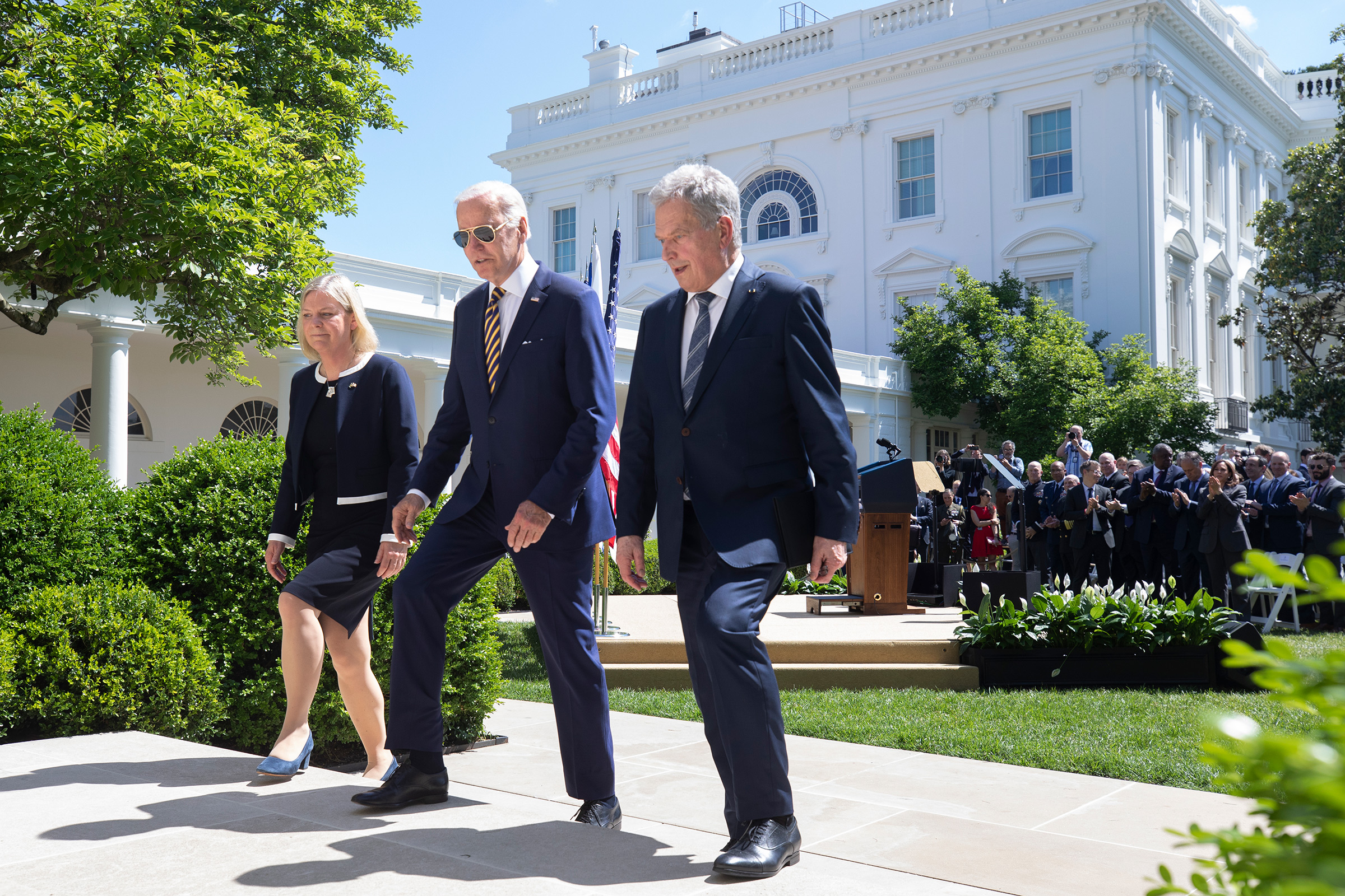U.S. President Joe Biden (C), Prime Minister Magdalena Andersson of Sweden(L), and President Sauli Niinisto of Finland(R) depart after speaking to the media following their meeting on Finland's and Sweden's NATO applications in the Rose Garden of the White House, May 19, 2022. (Oliver Contreras—CNP/Polaris)