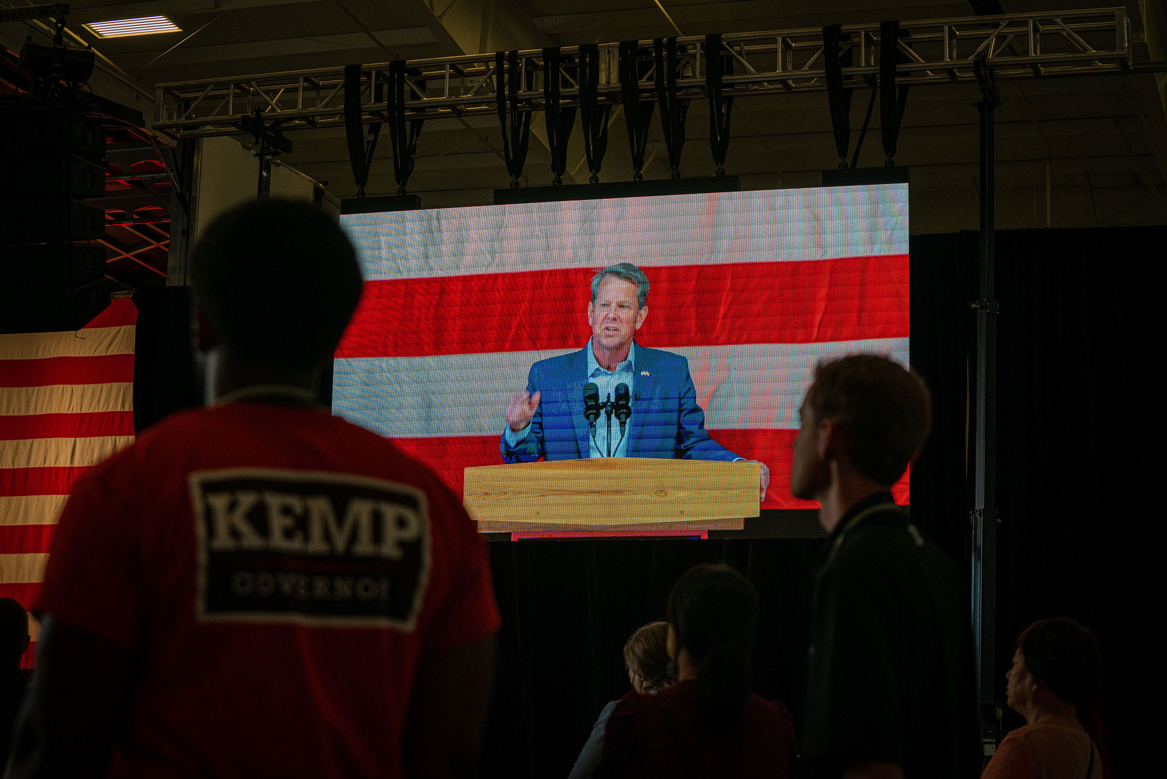 Gov. Brian Kemp address the crowd in a hanger at Cobb International Airport in Kennesaw, Ga. on May 23, 2022. (Matthew Pearson—Shutterstock)