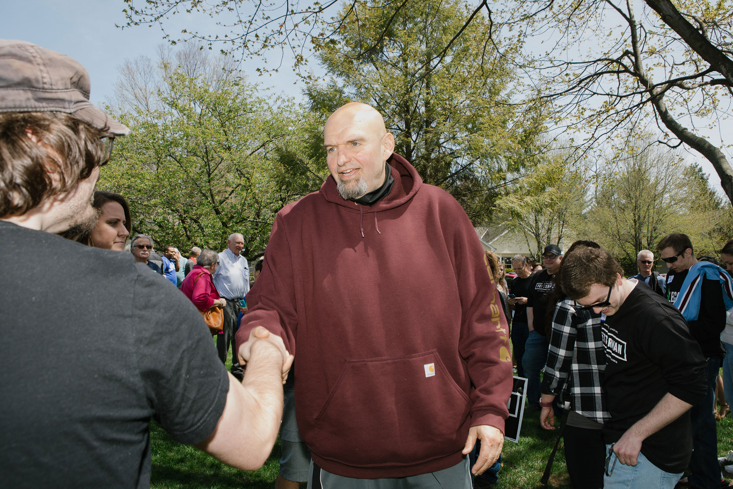 John Fetterman, lieutenant governor of Pennsylvania and a U.S. Senate candidate, greets an attendee during a campaign event in Lebanon, Pa., on April 30, 2022. (Michelle Gustafson—Bloomberg/Getty Images)