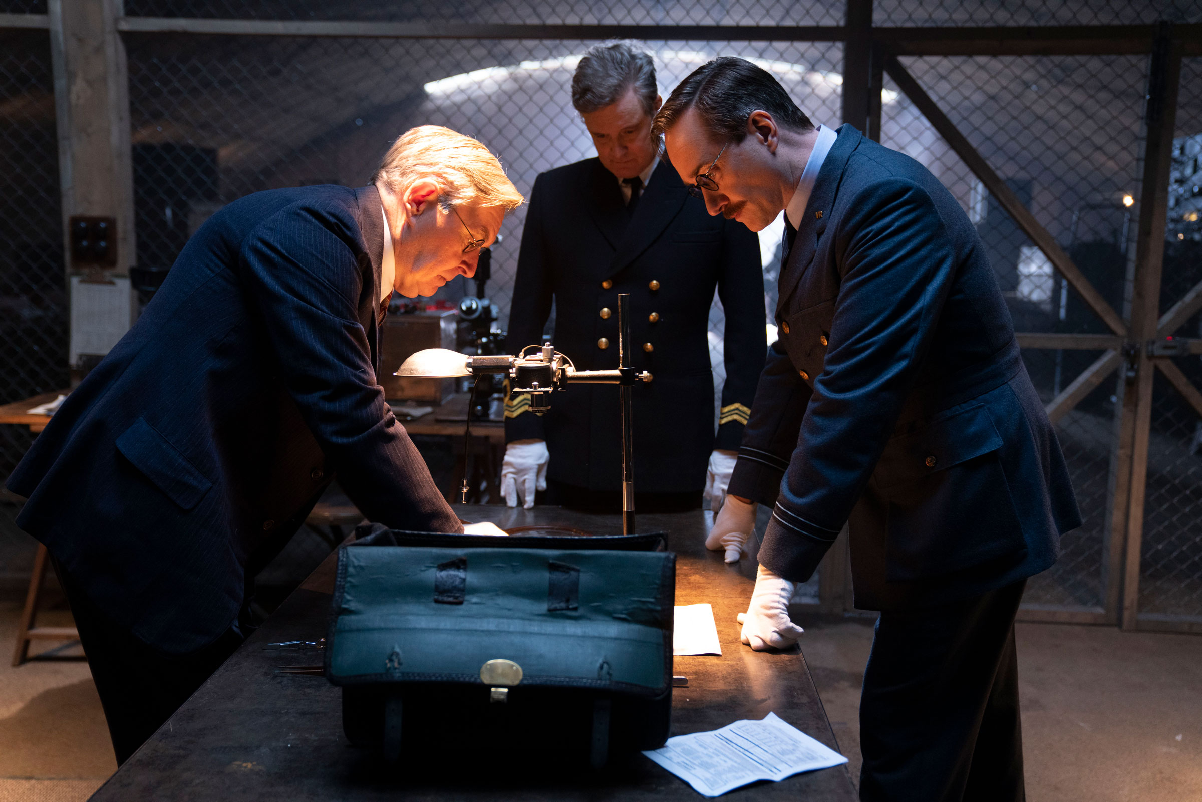 James Fleet as Charles Fraser-Smith, Colin Firth as Ewen Montagu and Matthew Macfadyen as Charles Cho in Netflix’s Operation Mincemeat