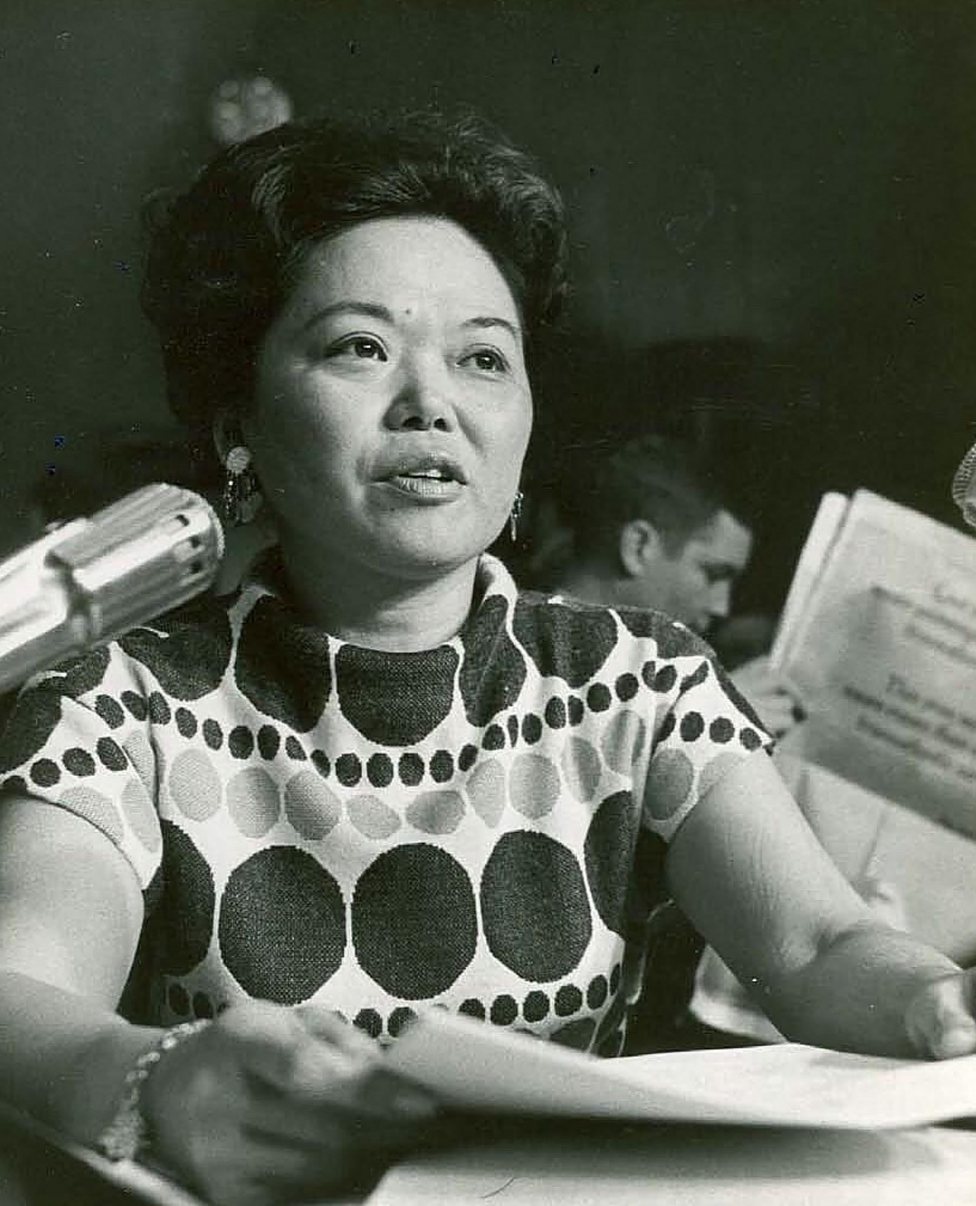 Patsy Takemoto Mink testifying before the Senate Judiciary Committee against Supreme Court nominee Harold Carswell around 1971-1972. (Courtesy Gwendolyn Mink/Patsy Takemoto Mink papers, Library of Congress)