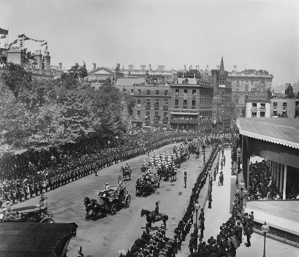 Queen Victoria's carriage passing through Parliament Square, London, during her Golden Jubilee procession, June 22 1887. (Hulton Archive—Getty Images)