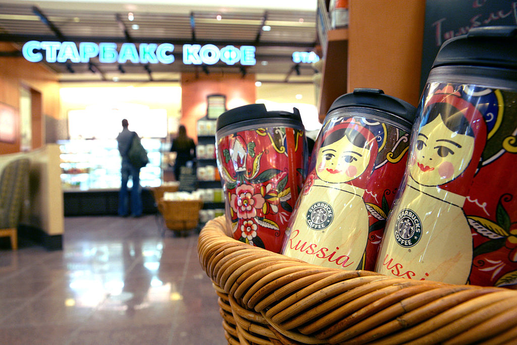 Coffee mugs are displayed in a basket in the newly opened Starbucks store in the Khimki-Mega shopping mall, near Moscow, Russia, on Sept. 6 2007. (Dmitry Beliakov—Bloomberg/Getty Images)