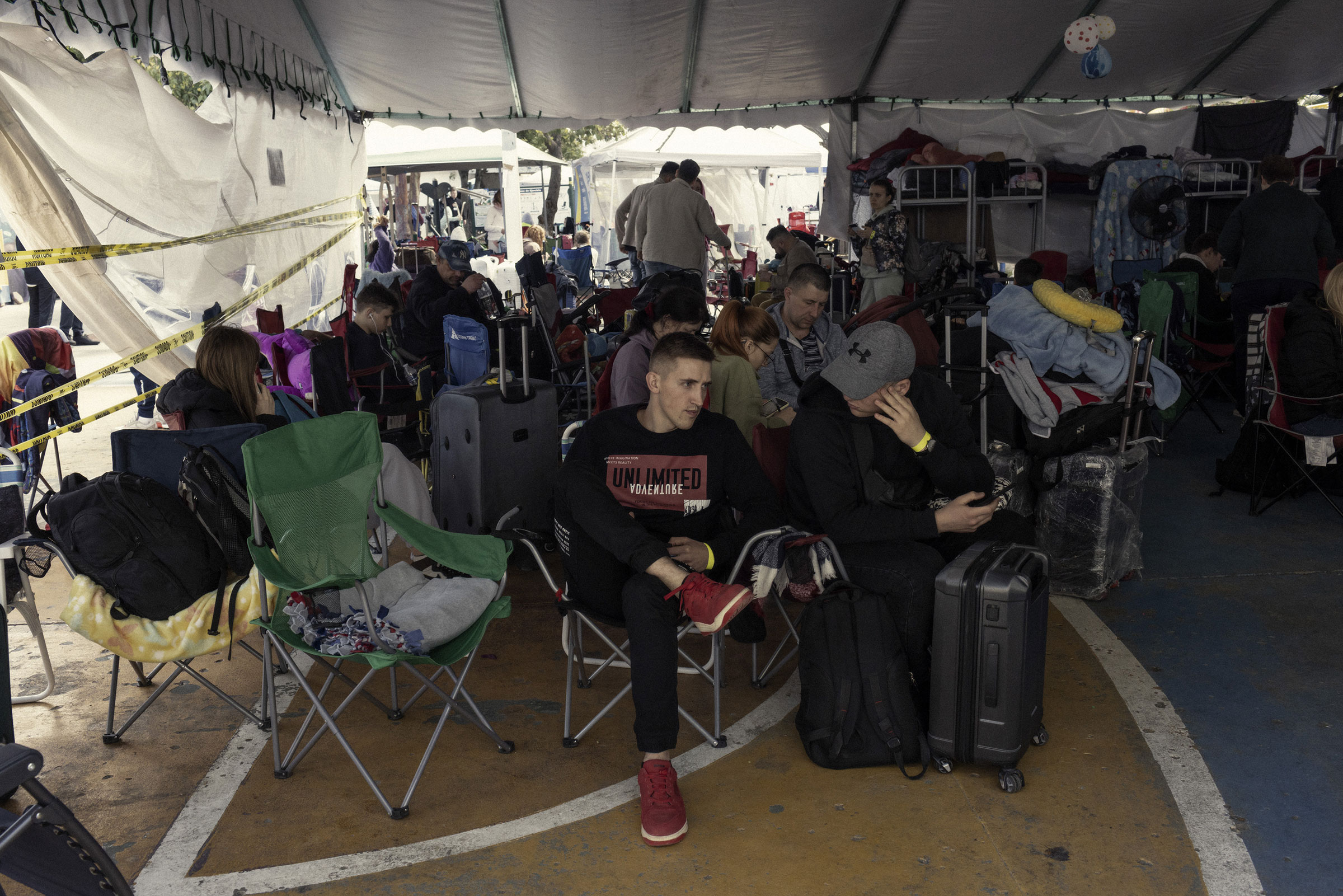 Ukrainian refugees at a humanitarian shelter in Tijuana, Mexico, on April 22, 2022. (Nicolo Filippo Rosso—Bloomberg/Getty Images)