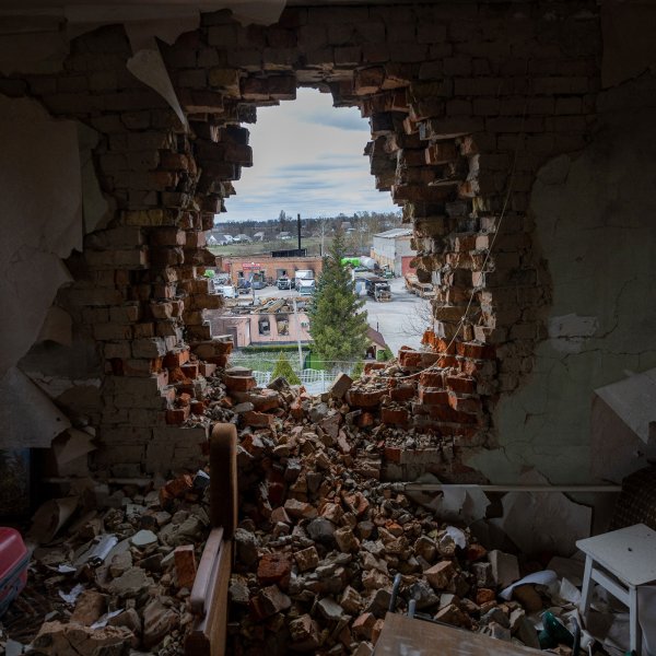 A war-damaged apartment in Makariv, Ukraine, on April 19. Residents say the building had been attacked by Russian tanks