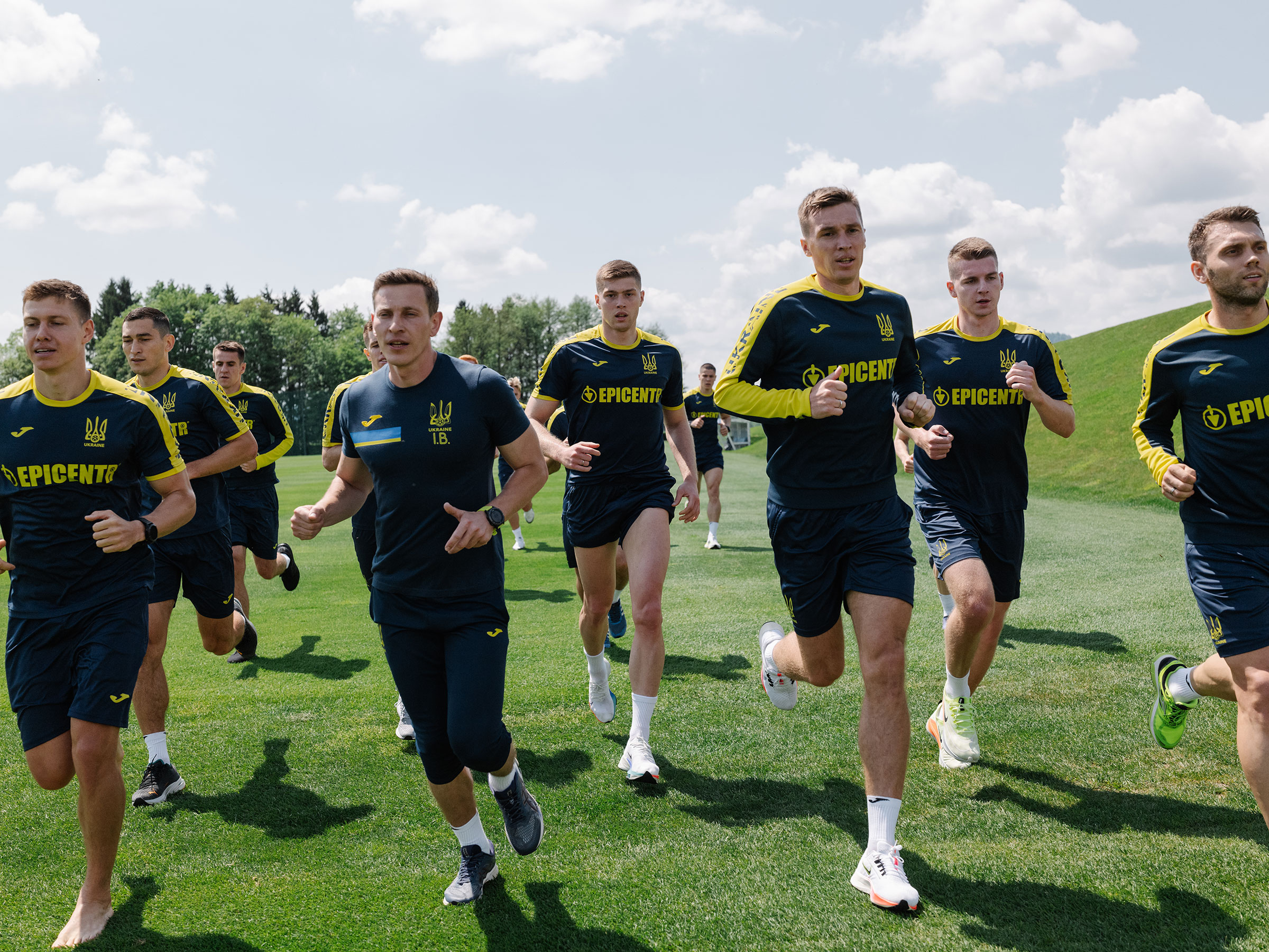 Ukraine’s men’s national soccer team trains with their fitness coach Ivan Bashtovyi, at the National Football Center Brdo in Slovenia on May 14, 2022. (Ciril Jazbec for TIME)