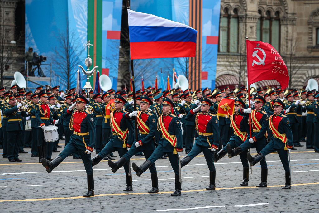 Servicemen march during the military parade marking the 76th anniversary of the Soviet victory in the Great Patriotic War, Russia's term for World War II, on Red Square in Moscow,  May 9, 2021. (Evgeny Sinitsyn—Xinhua/Getty Images)