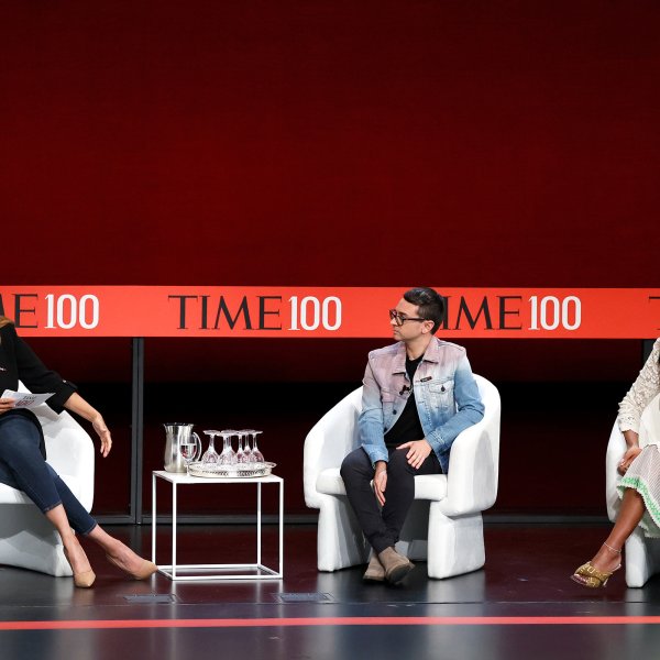 From left, Tyra Banks, Christian Siriano and Aurora James speak onstage at the TIME100 Summit 2022 at Jazz at Lincoln Center on June 7, 2022 in New York City.