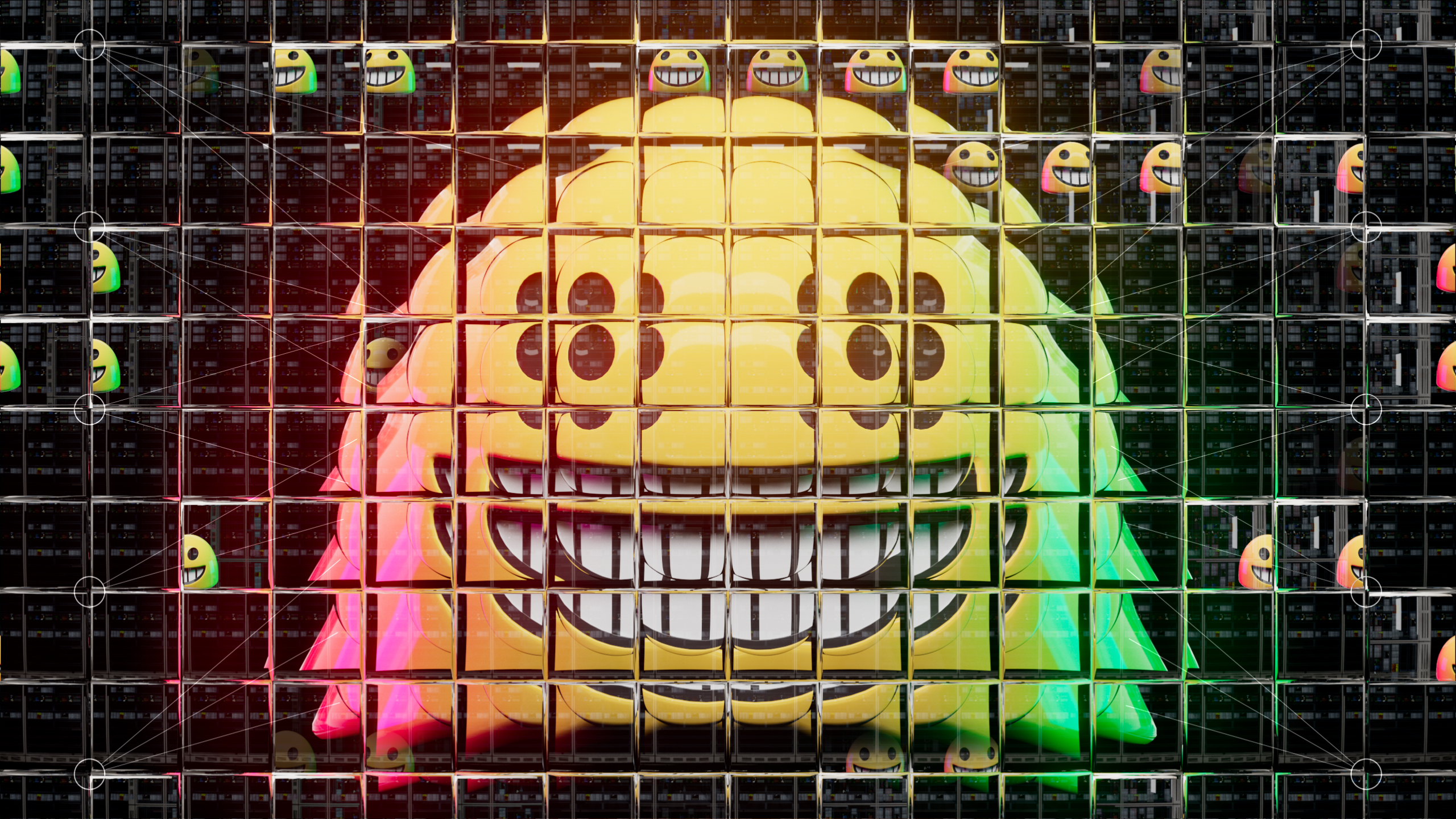 A photographic rendering of a smiling face emoji seen through a refractive glass grid, overlaid with a diagram of a neural network. (Image by Alan Warburton / © BBC / Better Images of AI / Social Media / CC-BY 4.0)