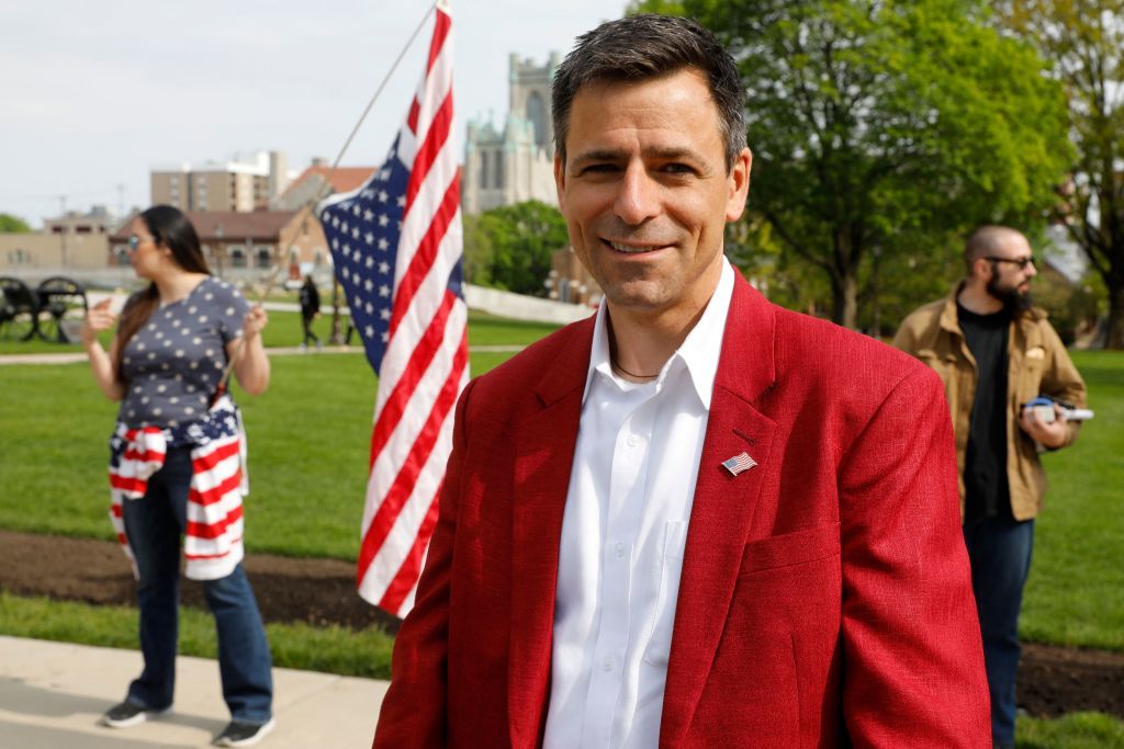 Ryan Kelley, Republican candidate for Governor, attends a rally in support of First Amendment rights and to protest against Governor Gretchen Whitmer, outside the Michigan State Capitol in Lansing, Michigan on May 15, 2021. ((Jeff Kowalsky/AFP via Getty Images))