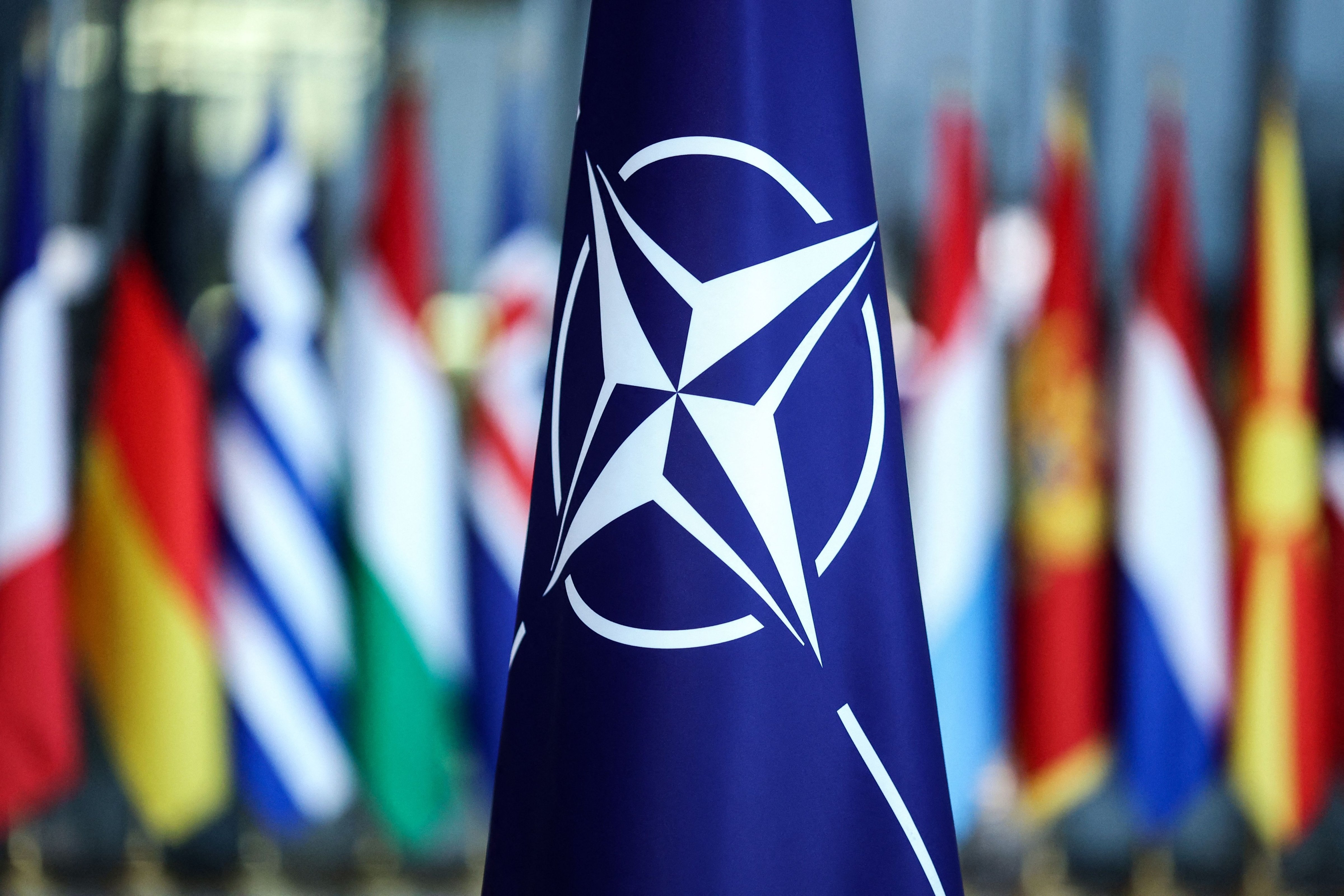 A photograph taken on Feb. 16, 2022 shows the flag of the North Atlantic Treaty Organization (NATO) prior to the Meeting of NATO Ministers of Defense at NATO Headquarters in Brussels. (KENZO TRIBOUILLARD/AFP via Getty Images)