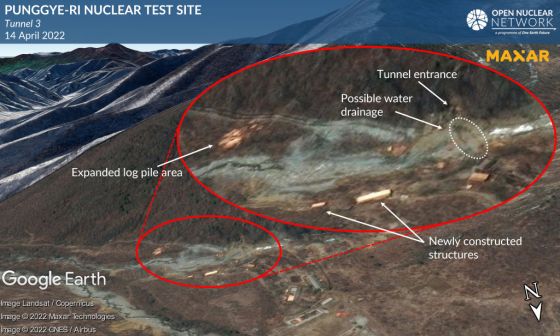 PUNGGYE-RI NUCLEAR TEST SITE, NORTH KOREA -- APRIL 14, 2022: Entrance area of Tunnel 3 as of 14 April 2022 overlaid on Google Earth and draped over Google Earths terrain modelDate of image: 14 April 2022. Analysis by Open Nuclear Network. Please use: