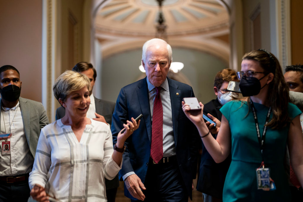 Sen. John Cornyn , Republican of Texas, who has taken a leading role in negotiations on a bipartisan gun deal, talks with reporters on Capitol Hill on Tuesday, June 7, 2022m in Washington, DC. ((Kent Nishimura / Los Angeles Times via Getty Images))