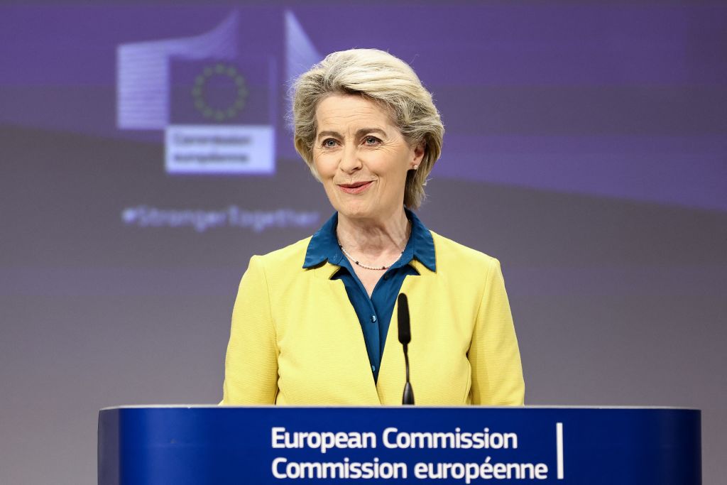 European Commission President Ursula von der Leyen holds a press conference on the EU membership applications by Ukraine, Moldova and Georgia at the European Commission headquarters in Brussels on June 17, 2022. (Kenzo Tribouillard—AFP via Getty Images)