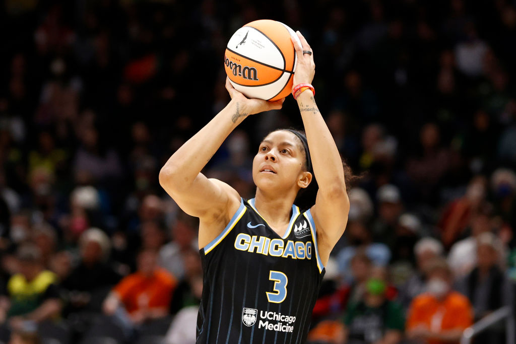 Candace Parker #3 of the Chicago Sky shoots against the Seattle Storm during the first half at Climate Pledge Arena on May 18, 2022 (Steph Chambers/Getty Images)