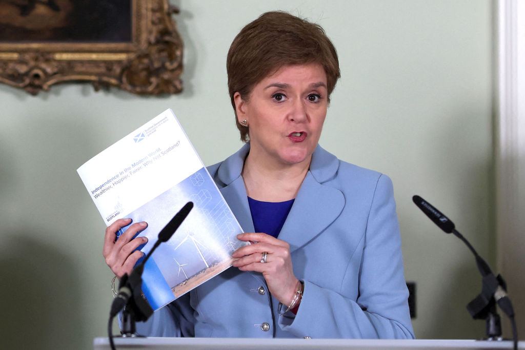 Scotland's First Minister Nicola Sturgeon speaks at a news conference on a proposed second referendum on Scottish independence, at Bute House on June 14, 2022 in Edinburgh, Scotland. (Russell Cheyne—Pool/Getty Images)