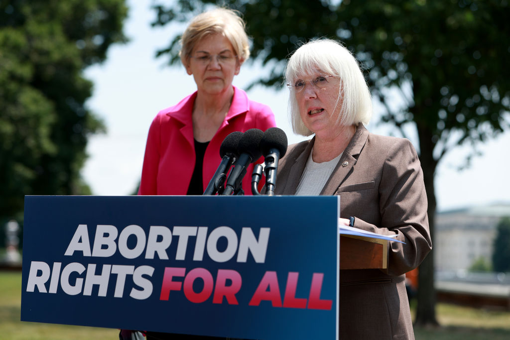 Sens. Elizabeth Warren of Massachusetts and Patty Murray of Washington, both Democrats, hold a press conference on abortion access outside the U.S. Capitol building on June 15, 2022 in Washington, DC. (Joe Raedle—Getty Images)